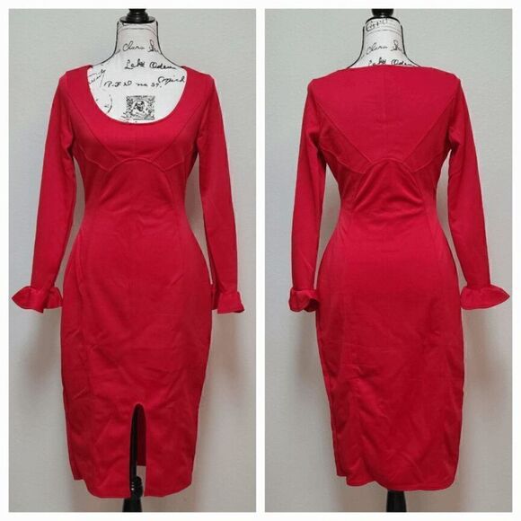 ❤️ Long Ruffle Sleeve Front Slit Bodycon Boat Neck Party Midi Red Dress M NEW - Picture 8 of 17